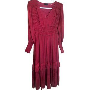 Tahari LS Boho Red V-Neck A Line Sz M Ruffle Tiered Maxi Dress